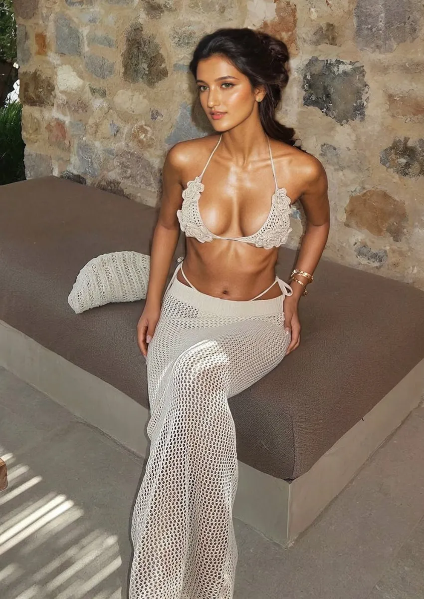3D Flower Bikini Halter Top and Hollow-Out Long Skirt