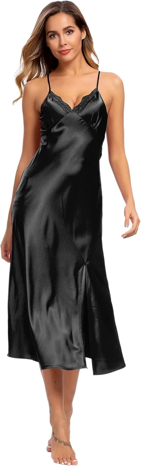 ALCEA ROSEA Women Silk Satin Nightgown Sexy Lace Chemise Lingerie Long Sleepdress for Ladies Sleepwear Slip Negligee