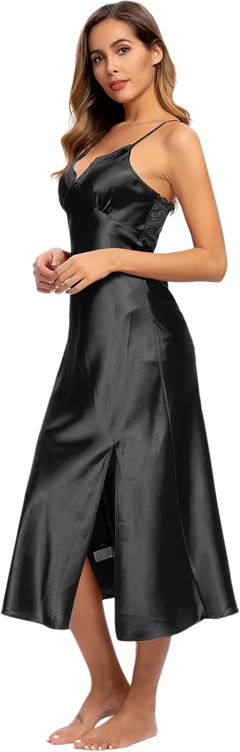 ALCEA ROSEA Women Silk Satin Nightgown Sexy Lace Chemise Lingerie Long Sleepdress for Ladies Sleepwear Slip Negligee