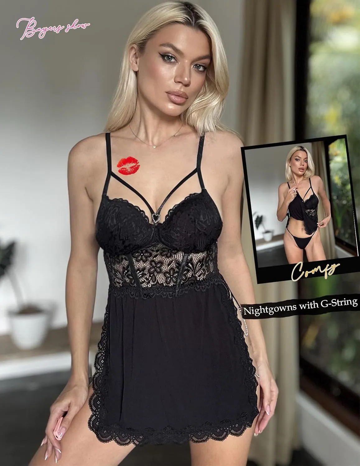 Avidlove Lingerie for Women Sexy Babydoll Lingerie Dress Chain Side Slit Chemise Nightgowns with G-String