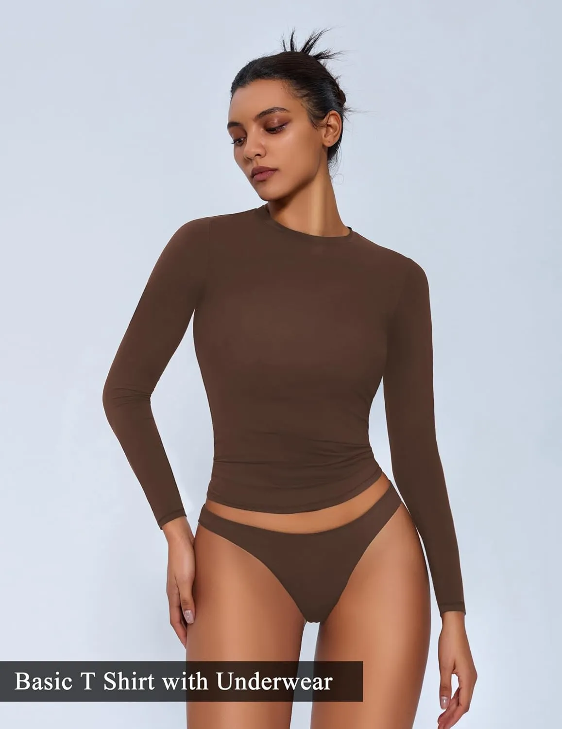 Avidlove Women Double Lined Basic Fitted T Shirts Long Sleeve Crew Neck Y2K Top with Underwear S-XXL