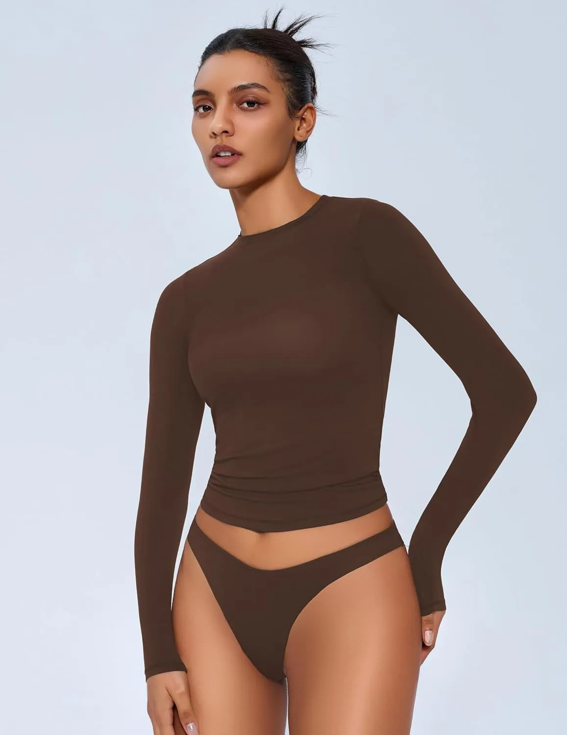 Avidlove Women Double Lined Basic Fitted T Shirts Long Sleeve Crew Neck Y2K Top with Underwear S-XXL