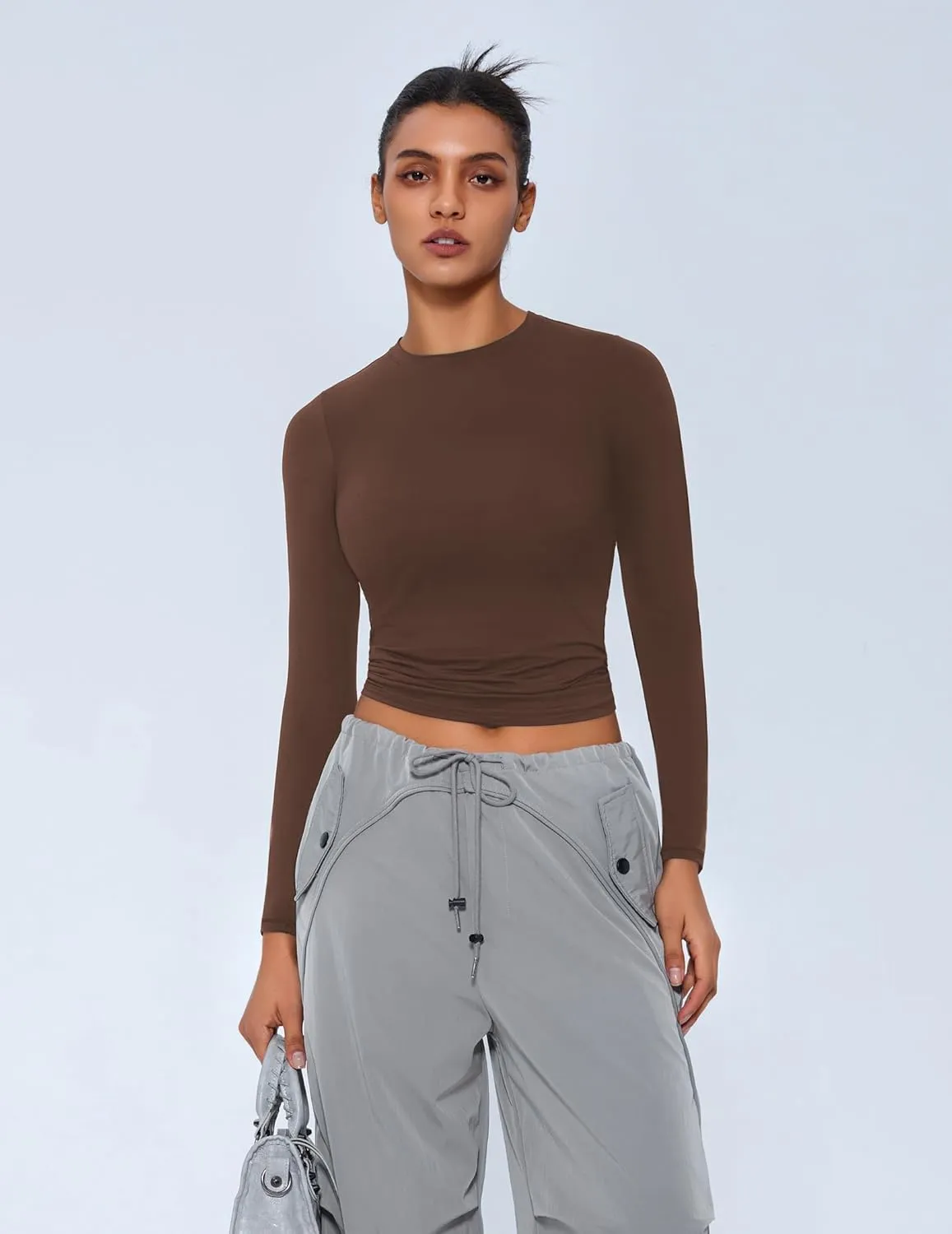Avidlove Women Double Lined Basic Fitted T Shirts Long Sleeve Crew Neck Y2K Top with Underwear S-XXL