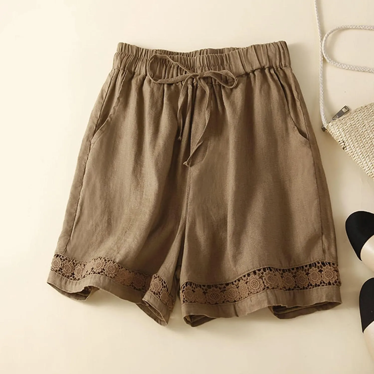 Beach Shorts for Women Cotton Linen Comfy High Waisted Shorts Loose Wide Leg Summer Short Pants Business Casual Outfit