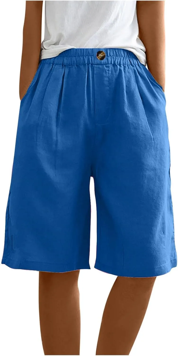 Bermuda Shorts for Women 2025 Casual Mid Rise Knee Length Wide Leg Comfy Long Linen Shorts with Pocket