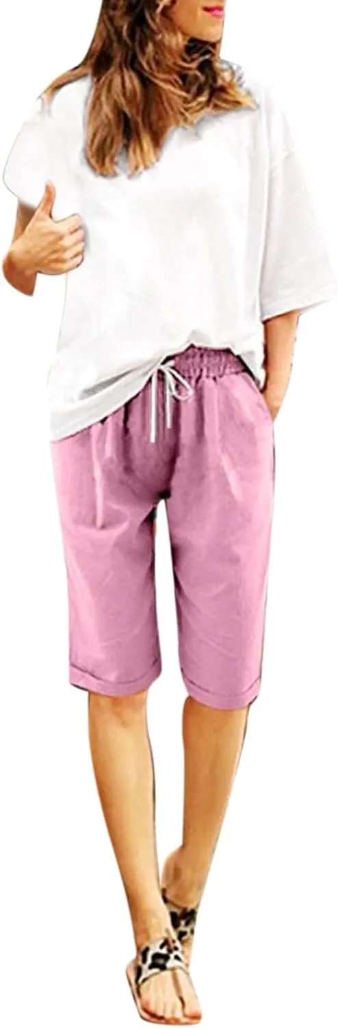Bermuda Shorts for Women Plus Size Knee Length Beach Shorts Summer High Waisted Soft Lounge Short Pants with Pockets