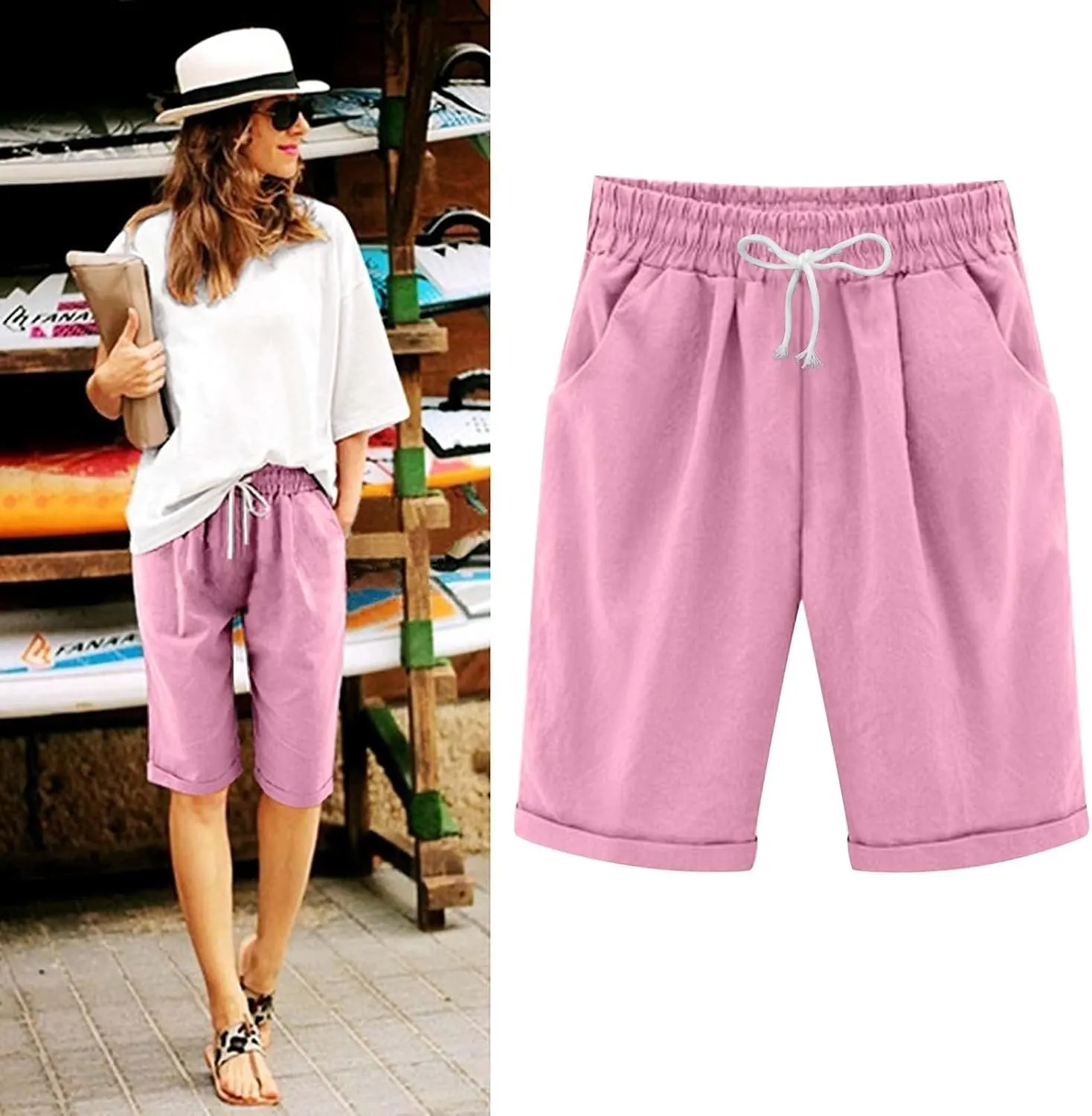 Bermuda Shorts for Women Plus Size Knee Length Beach Shorts Summer High Waisted Soft Lounge Short Pants with Pockets