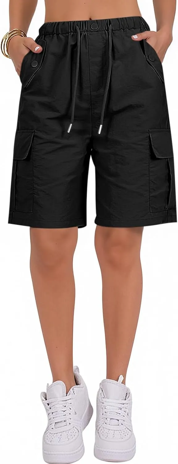 Bermuda Shorts for Women Summer Quick Dry Cargo Shorts with Pockets Outdoor Drawstring Knee Length Hiking Short