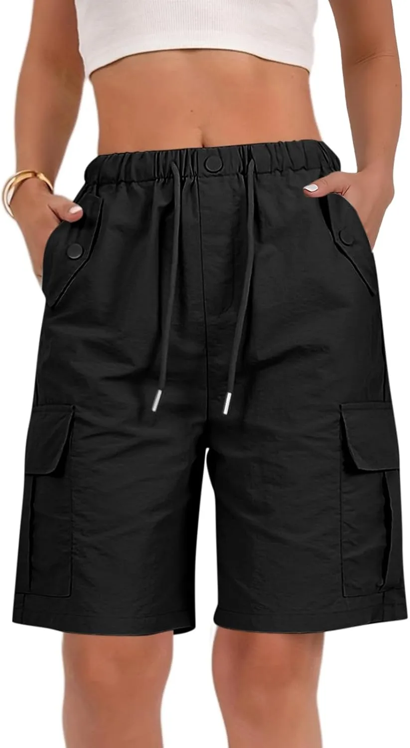 Bermuda Shorts for Women Summer Quick Dry Cargo Shorts with Pockets Outdoor Drawstring Knee Length Hiking Short