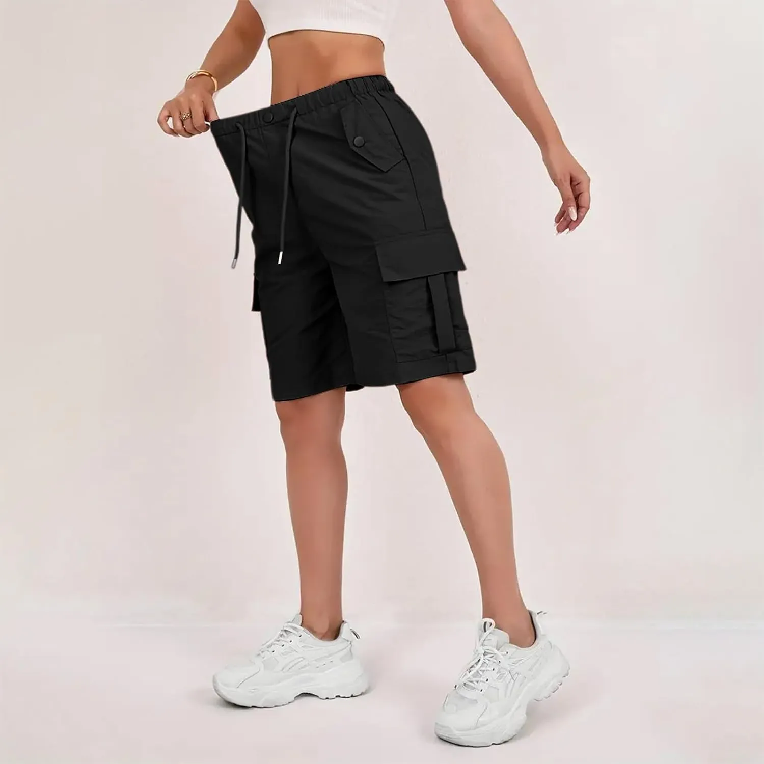 Bermuda Shorts for Women Summer Quick Dry Cargo Shorts with Pockets Outdoor Drawstring Knee Length Hiking Short
