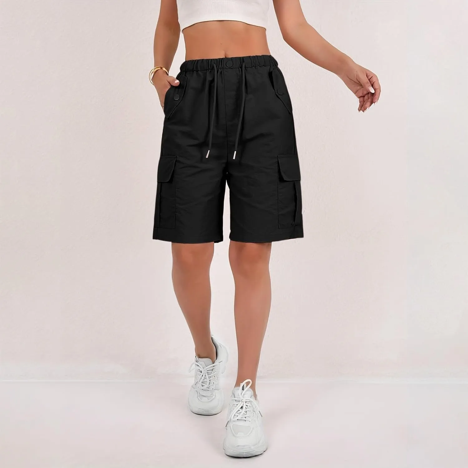 Bermuda Shorts for Women Summer Quick Dry Cargo Shorts with Pockets Outdoor Drawstring Knee Length Hiking Short