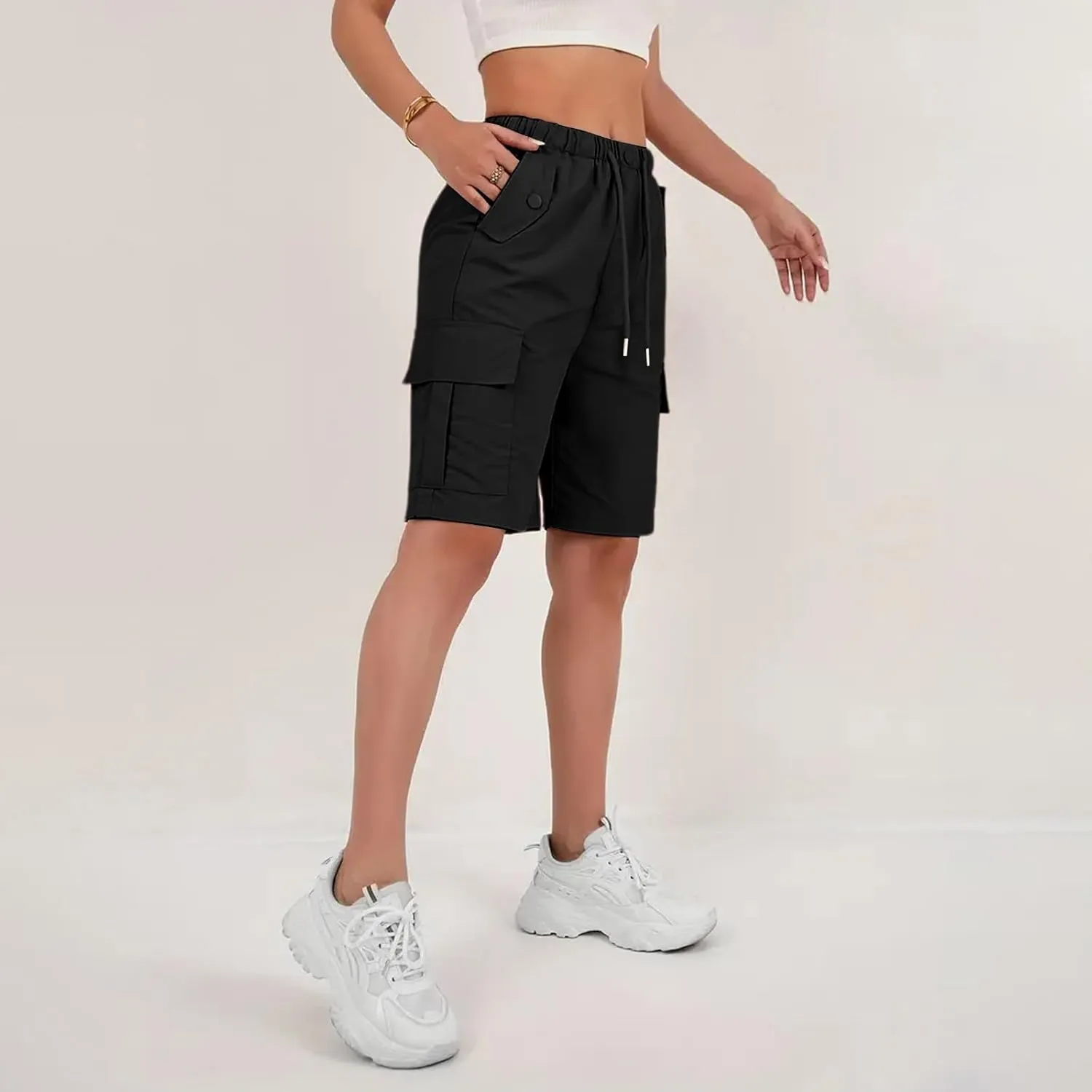 Bermuda Shorts for Women Summer Quick Dry Cargo Shorts with Pockets Outdoor Drawstring Knee Length Hiking Short