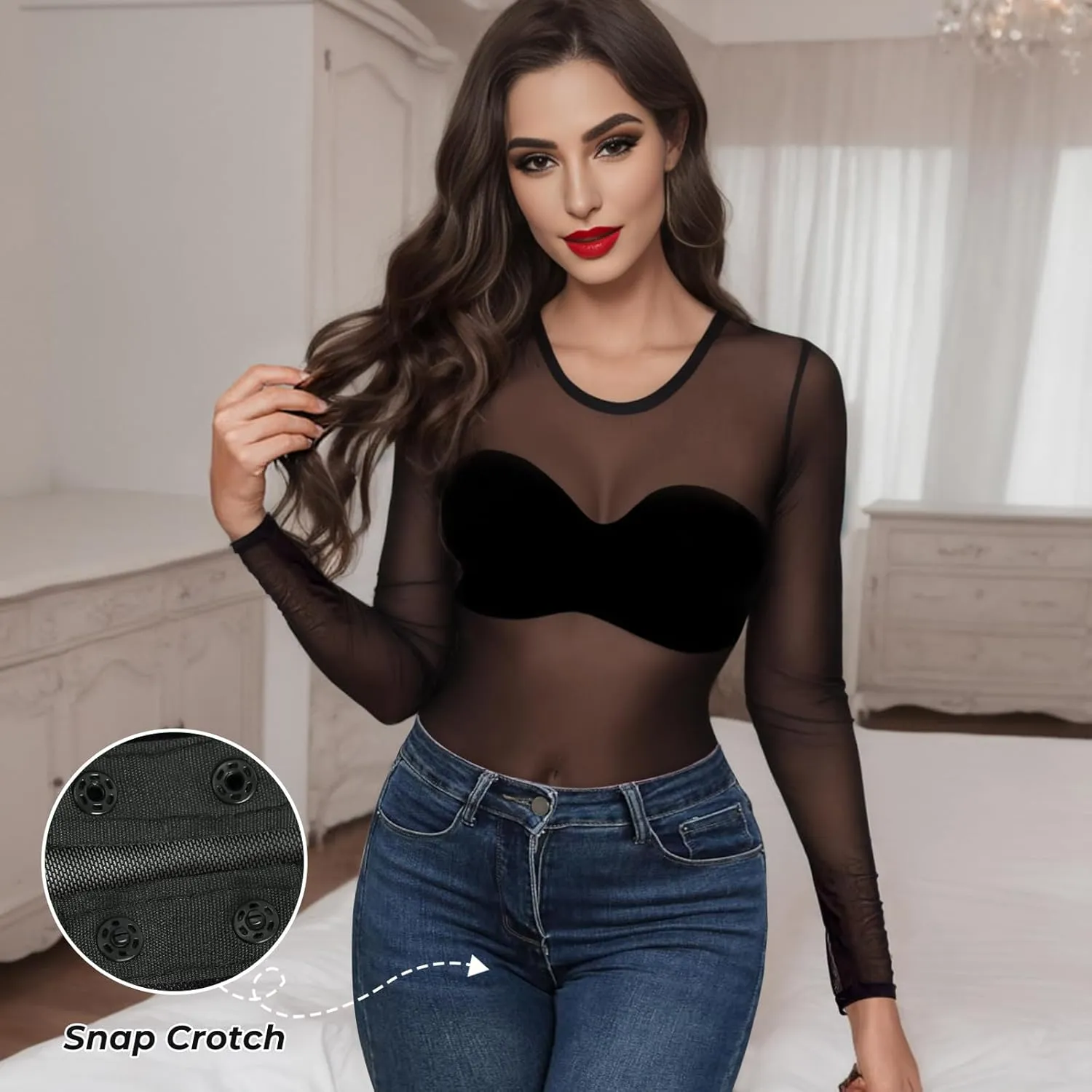 Buauty Long Sleeve Mesh Bodysuit for Women, Sheer Mesh Top Round Neck See Through Leotard Jumpsuit Snap Crotch Clubwear