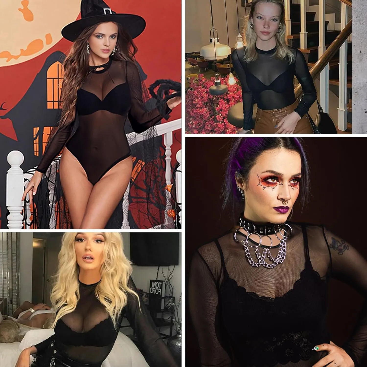Buauty Long Sleeve Mesh Bodysuit for Women, Sheer Mesh Top Round Neck See Through Leotard Jumpsuit Snap Crotch Clubwear