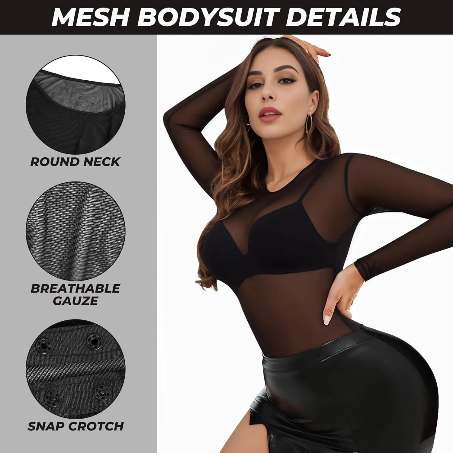 Buauty Long Sleeve Mesh Bodysuit for Women, Sheer Mesh Top Round Neck See Through Leotard Jumpsuit Snap Crotch Clubwear