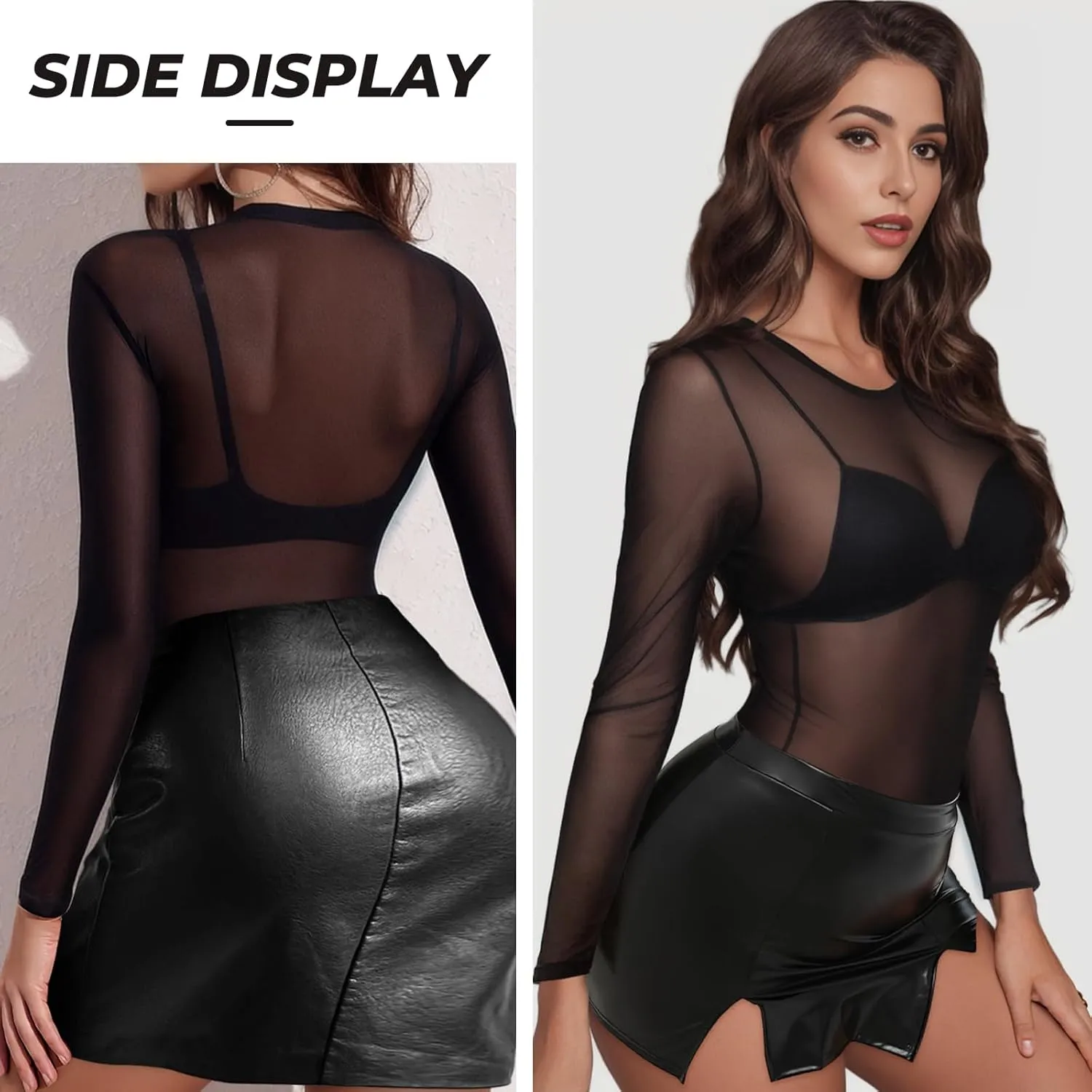 Buauty Long Sleeve Mesh Bodysuit for Women, Sheer Mesh Top Round Neck See Through Leotard Jumpsuit Snap Crotch Clubwear