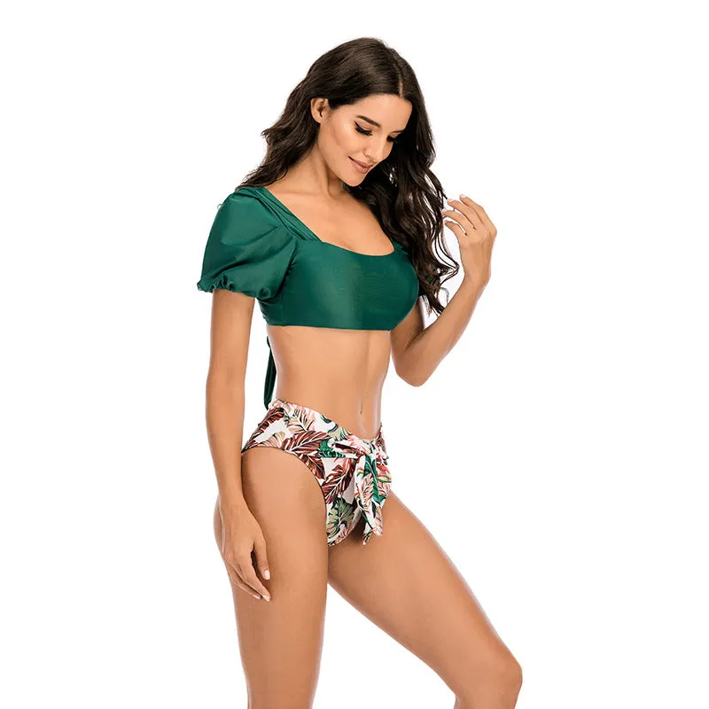 Bubble sleeve square collar bow knot pants split swimsuit swimwear Bikini