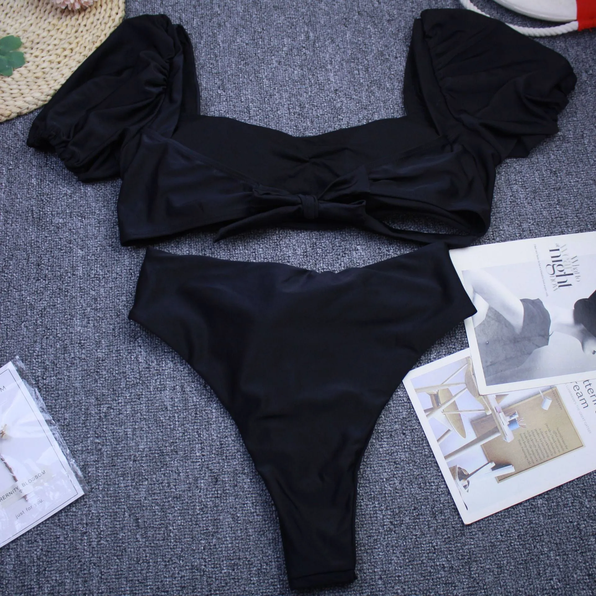 Bubble sleeve square collar bow knot pants split swimsuit swimwear Bikini
