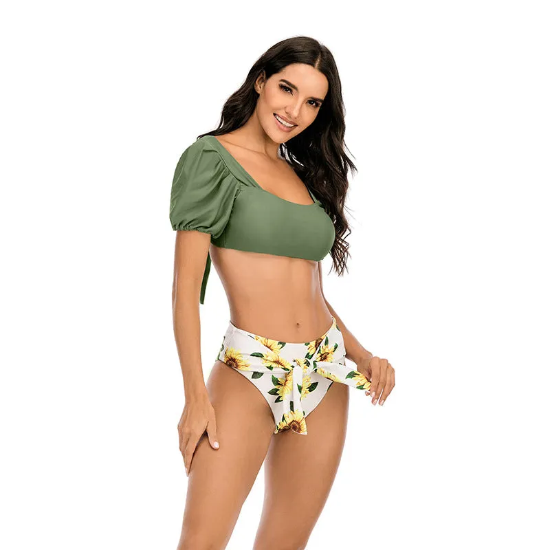 Bubble sleeve square collar bow knot pants split swimsuit swimwear Bikini