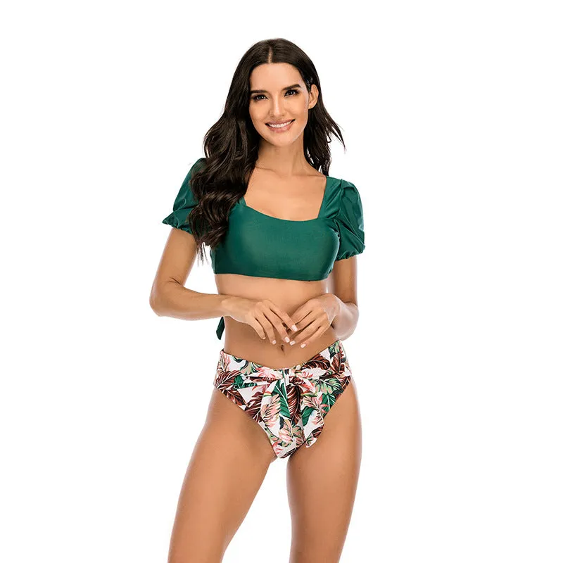 Bubble sleeve square collar bow knot pants split swimsuit swimwear Bikini