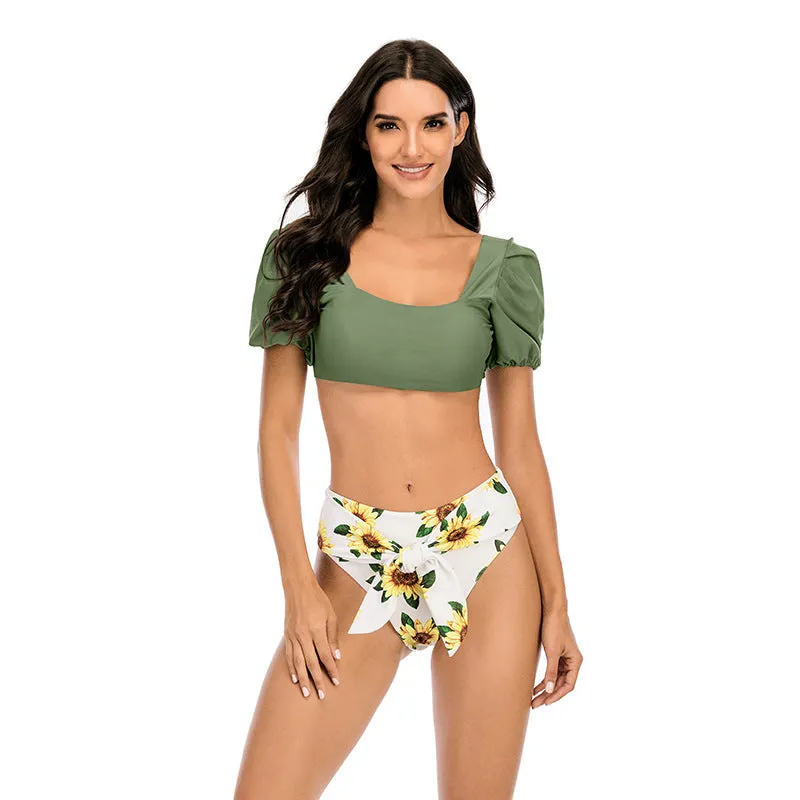 Bubble sleeve square collar bow knot pants split swimsuit swimwear Bikini