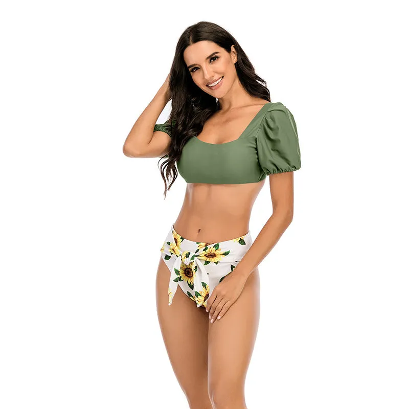 Bubble sleeve square collar bow knot pants split swimsuit swimwear Bikini