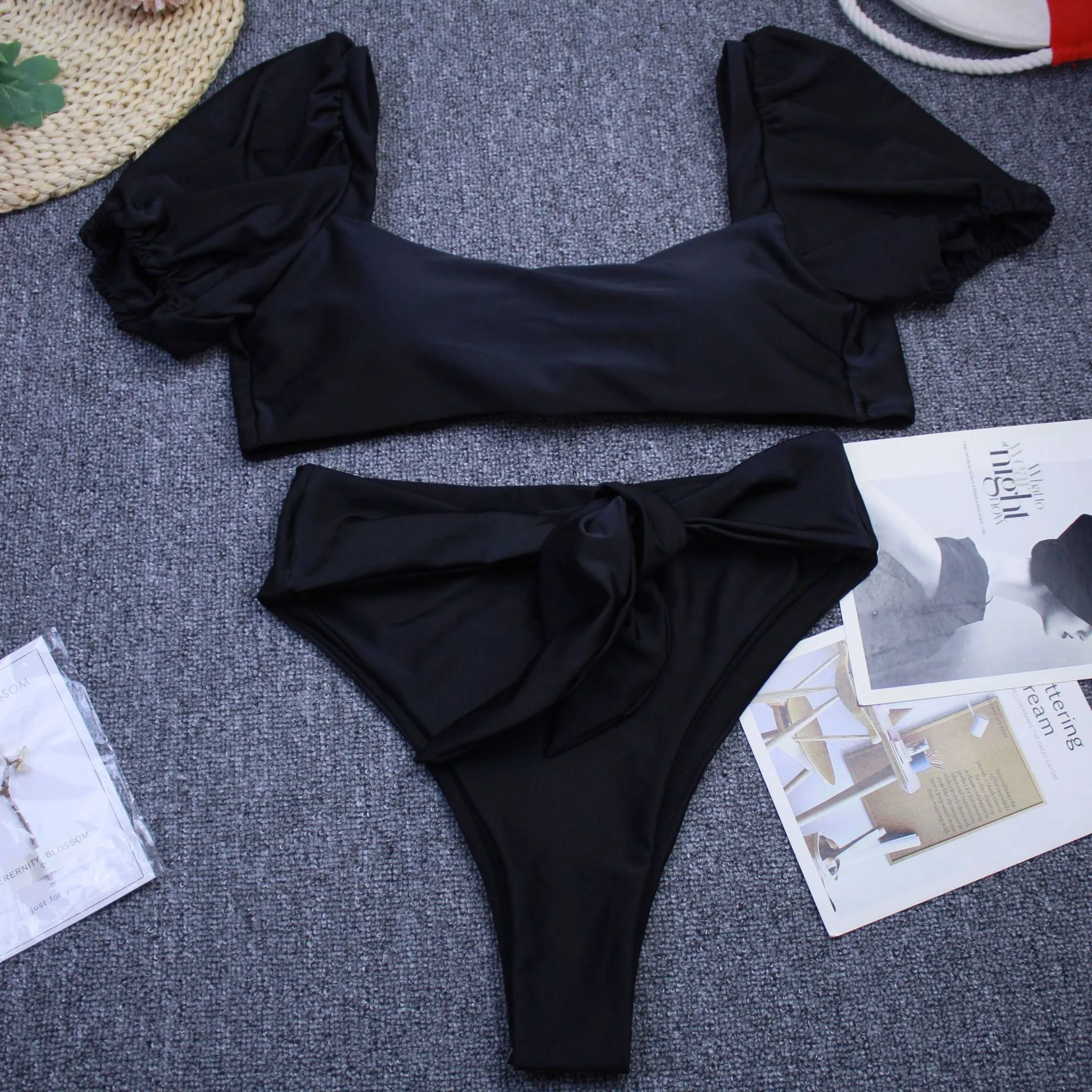 Bubble sleeve square collar bow knot pants split swimsuit swimwear Bikini