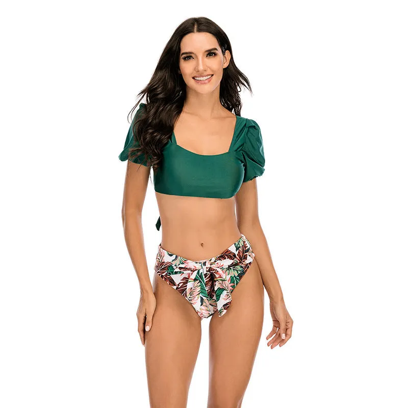 Bubble sleeve square collar bow knot pants split swimsuit swimwear Bikini