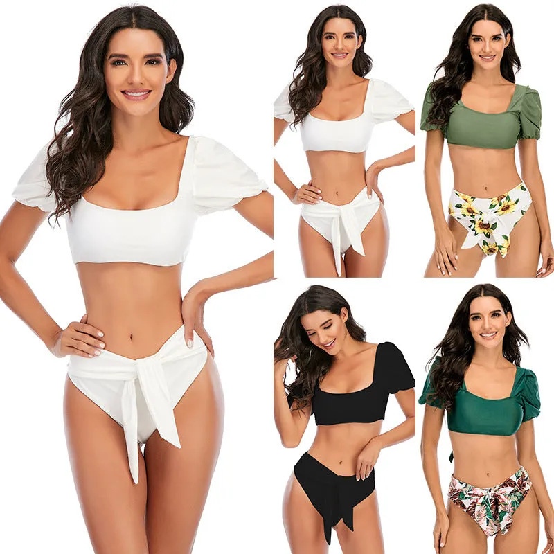 Bubble sleeve square collar bow knot pants split swimsuit swimwear Bikini