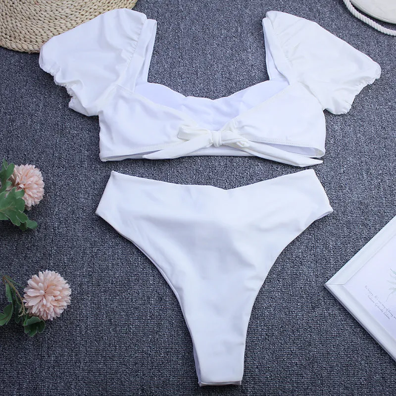 Bubble sleeve square collar bow knot pants split swimsuit swimwear Bikini
