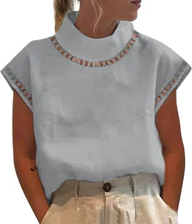Ceboyel Women Linen Summer Shirt Dressy Causal Boho Blouses Short Sleeve Turtle Neck Tops Trendy Ladies Going Out Clothes