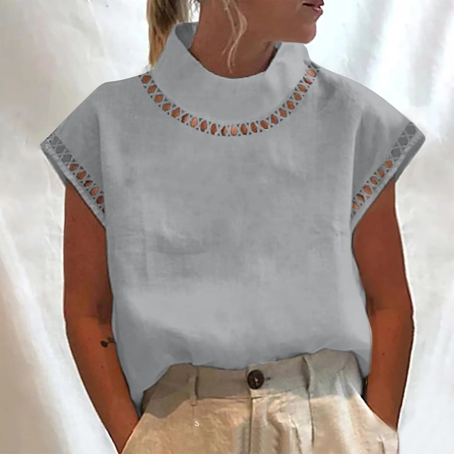 Ceboyel Women Linen Summer Shirt Dressy Causal Boho Blouses Short Sleeve Turtle Neck Tops Trendy Ladies Going Out Clothes