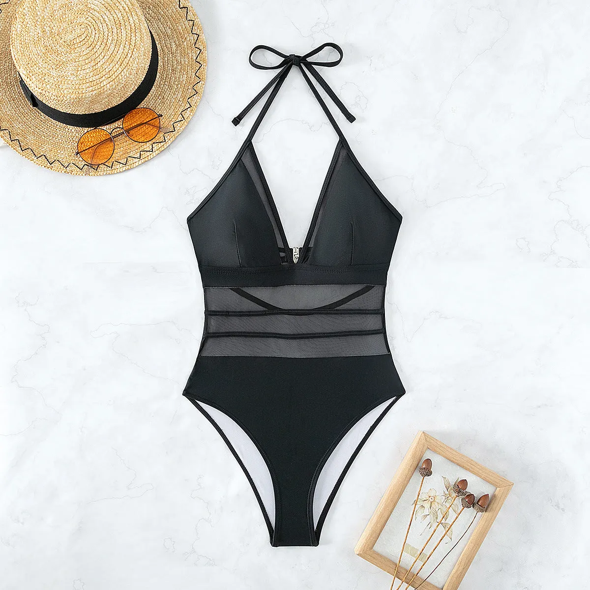 Chic Mesh Panel Backless Monokini Swimsuit