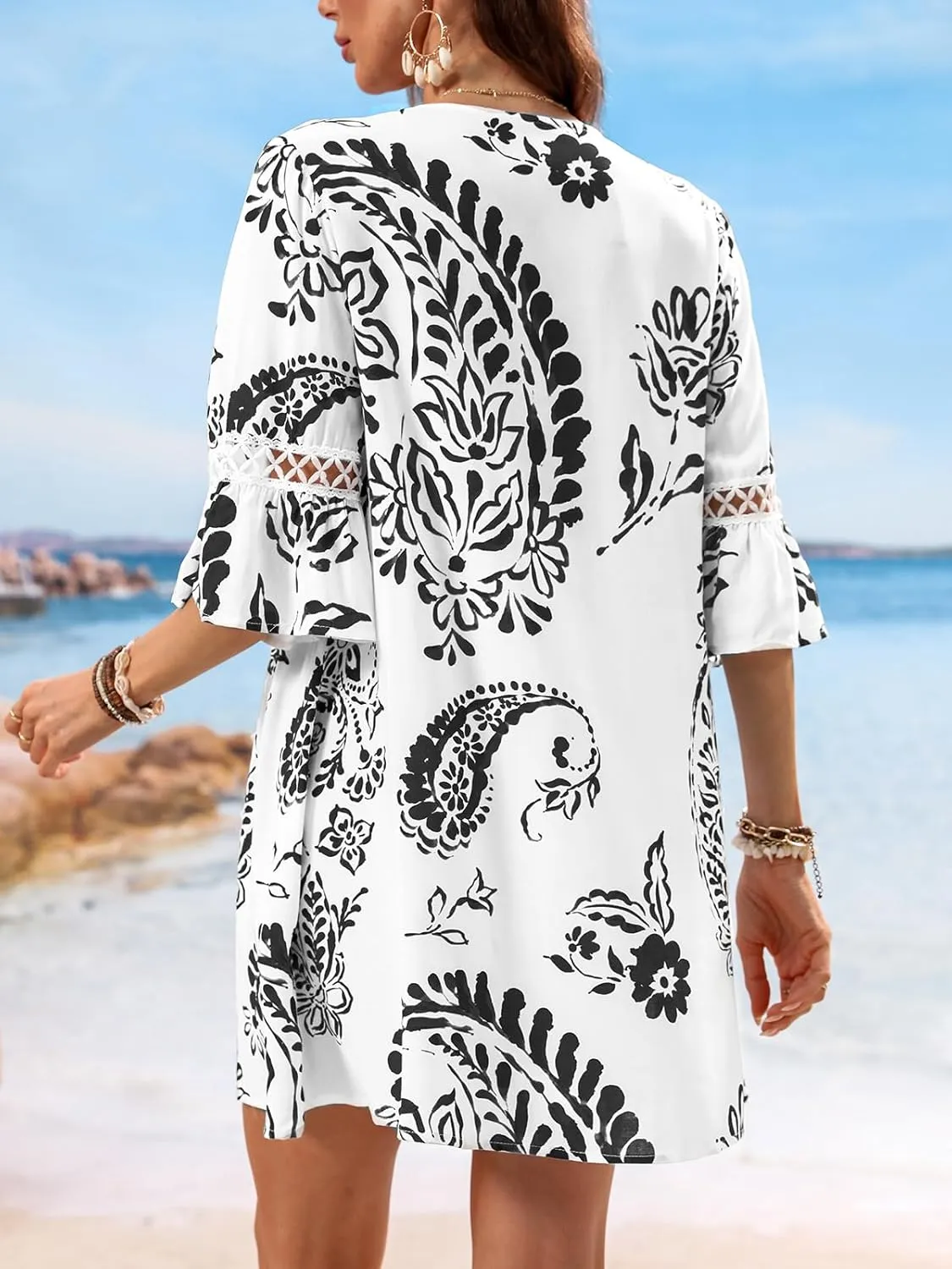 CUPSHE Women V Neck Lace Trim Mini Summer Dress Cover Up 3/4 Sleeve Ruffled Cuff Casual Sundress Beach Dresses Cover Ups