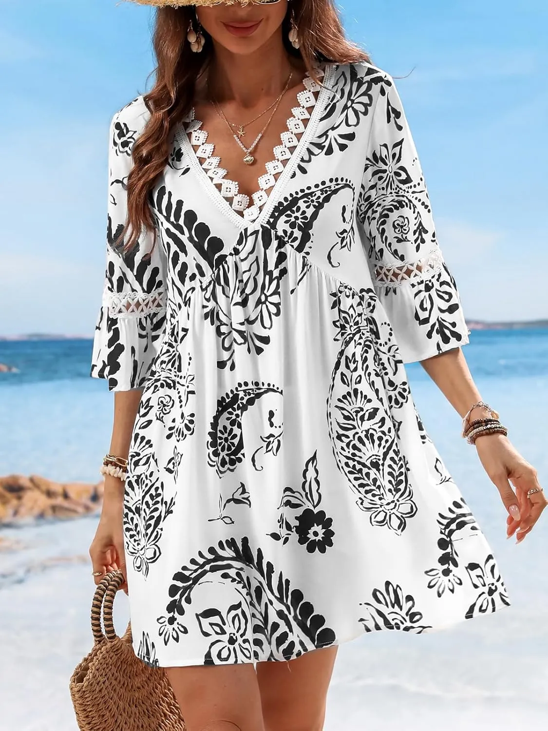 CUPSHE Women V Neck Lace Trim Mini Summer Dress Cover Up 3/4 Sleeve Ruffled Cuff Casual Sundress Beach Dresses Cover Ups
