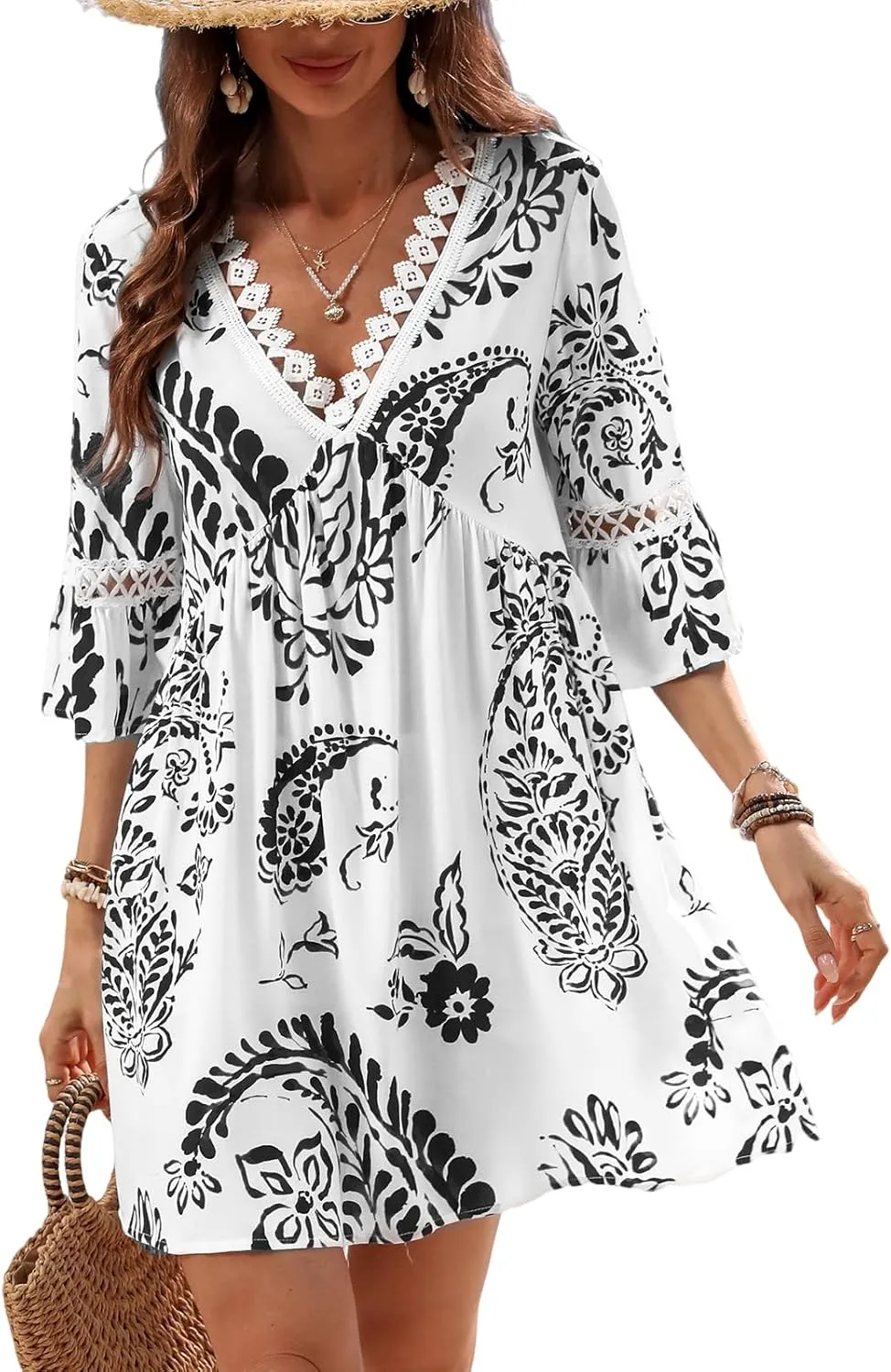 CUPSHE Women V Neck Lace Trim Mini Summer Dress Cover Up 3/4 Sleeve Ruffled Cuff Casual Sundress Beach Dresses Cover Ups