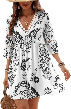 CUPSHE Women V Neck Lace Trim Mini Summer Dress Cover Up 3/4 Sleeve Ruffled Cuff Casual Sundress Beach Dresses Cover Ups