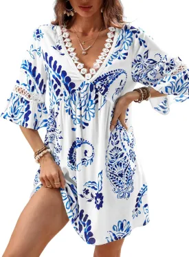 CUPSHE Women V Neck Lace Trim Mini Summer Dress Cover Up 3/4 Sleeve Ruffled Cuff Casual Sundress Beach Dresses Cover Ups