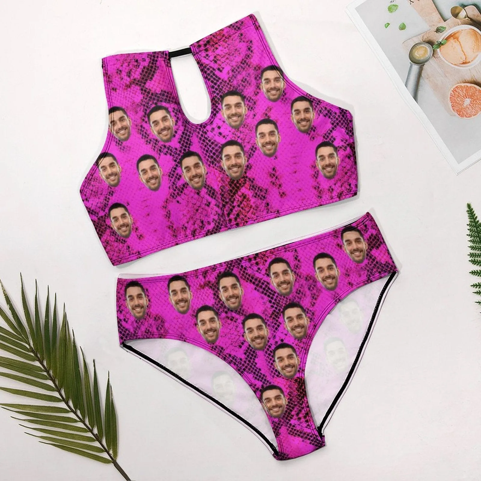 Custom Face Color Printing High Neck Cutout High Waisted Bikini Personalized Women's Two Piece Swimsuit Beach Outfits
