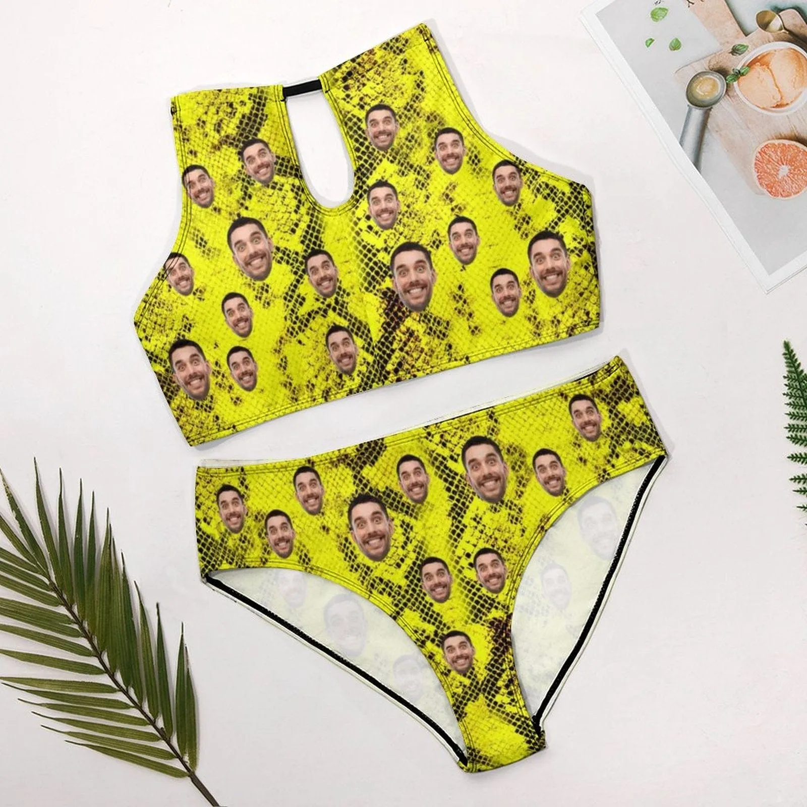 Custom Face Color Printing High Neck Cutout High Waisted Bikini Personalized Women's Two Piece Swimsuit Beach Outfits