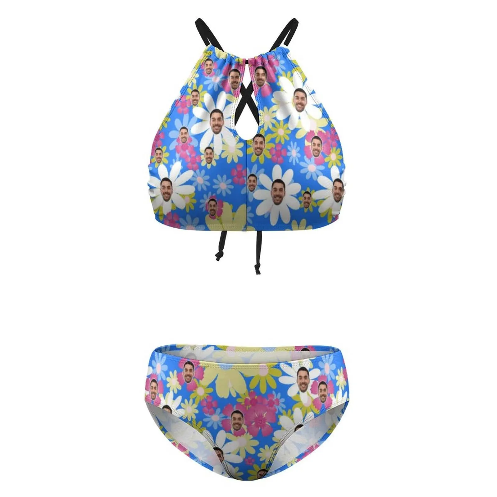 Custom Face Colorful Flower High Neck Cutout High Waisted Bikini Personalized Women's Two Piece Swimsuit Beach Outfits