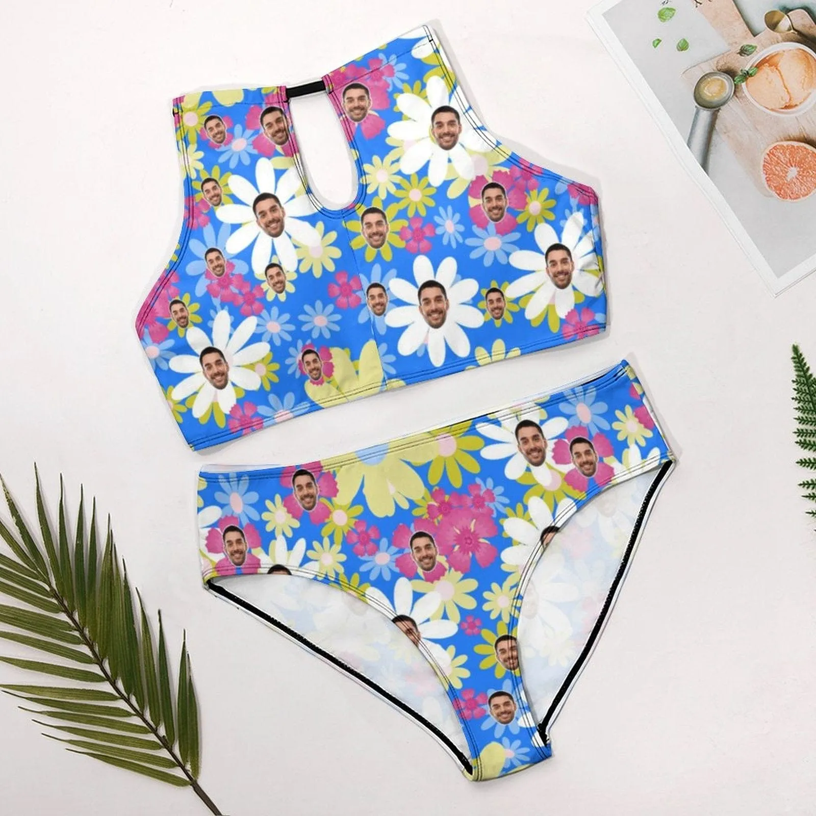 Custom Face Colorful Flower High Neck Cutout High Waisted Bikini Personalized Women's Two Piece Swimsuit Beach Outfits