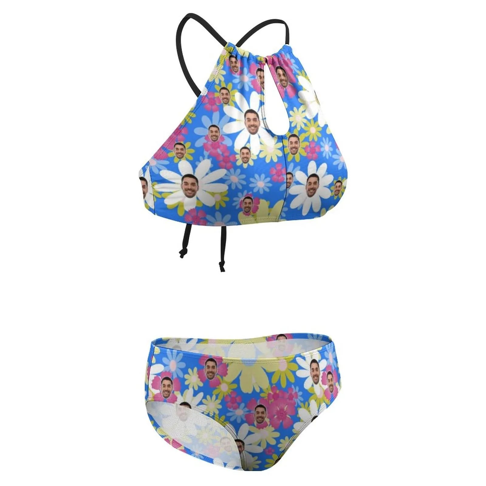 Custom Face Colorful Flower High Neck Cutout High Waisted Bikini Personalized Women's Two Piece Swimsuit Beach Outfits
