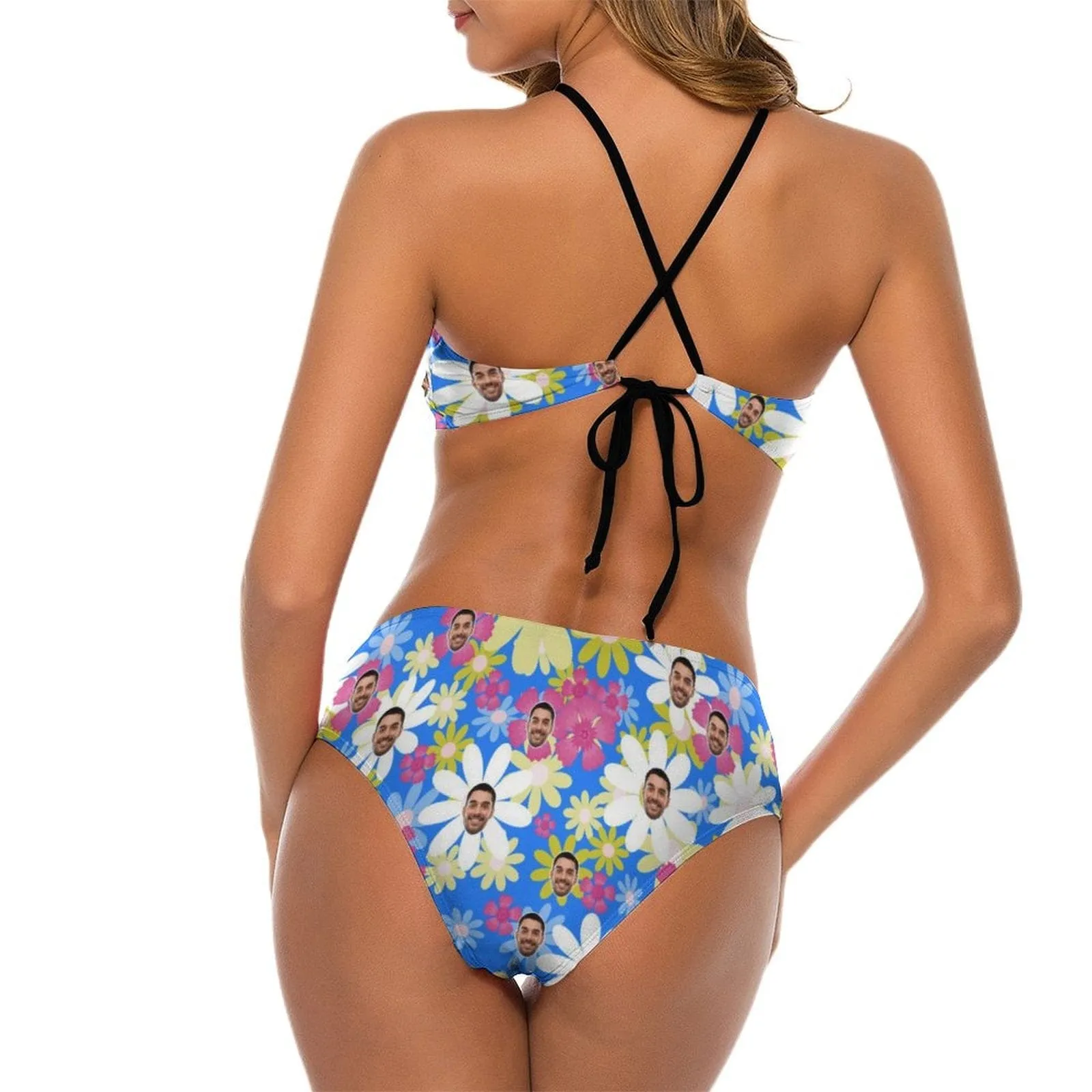 Custom Face Colorful Flower High Neck Cutout High Waisted Bikini Personalized Women's Two Piece Swimsuit Beach Outfits