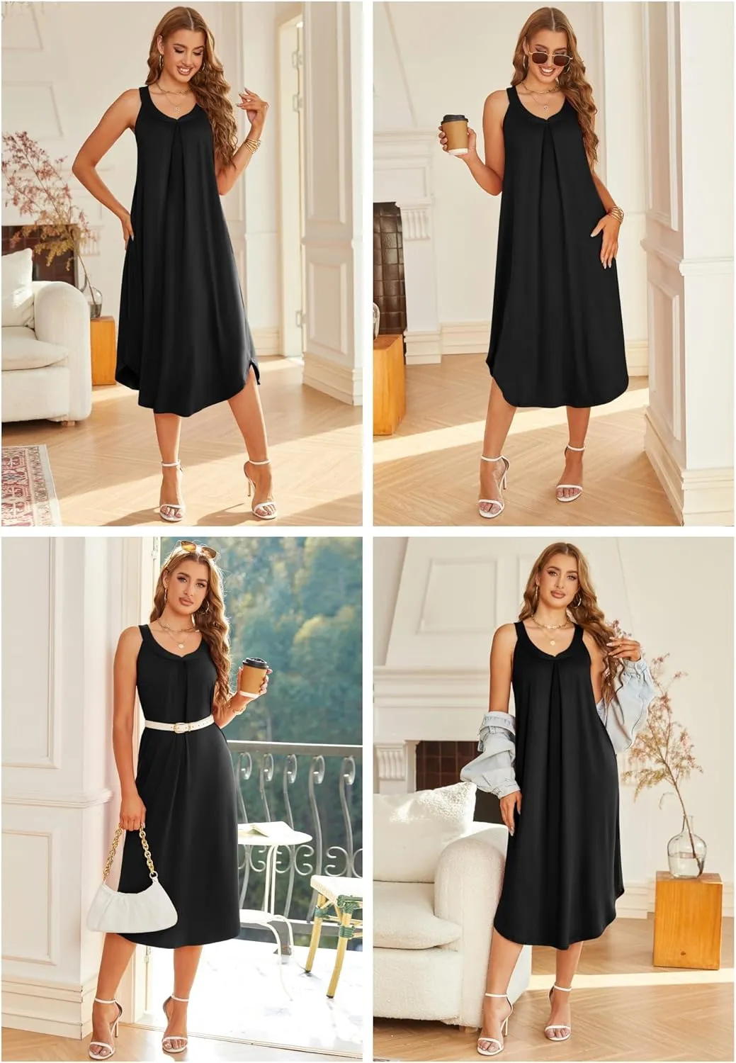 Ekouaer Sleeveless Nightgowns for Women Long Night Gown Pleated Full Length Sleepwear Tank Sleep Dress Slit Dress S-2XL
