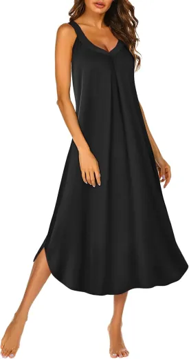 Ekouaer Sleeveless Nightgowns for Women Long Night Gown Pleated Full Length Sleepwear Tank Sleep Dress Slit Dress S-2XL