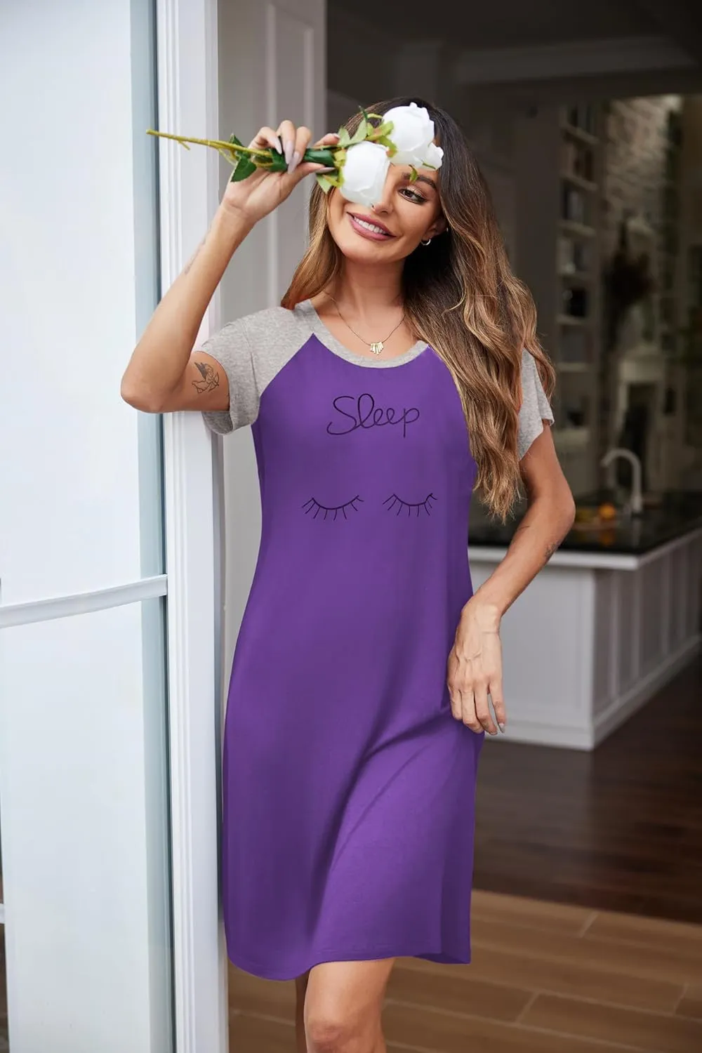 Ekouaer Womens Nightgown Short Sleeve Night Dress Printed Sleepwear Soft Sleep Shirt S-3XL