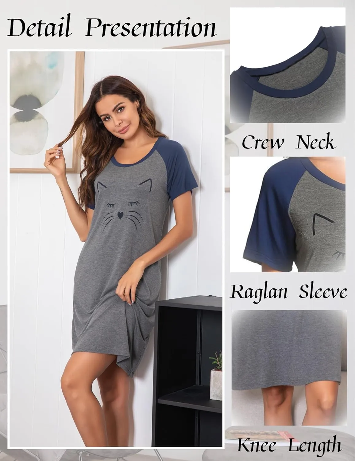 Ekouaer Womens Nightgown Short Sleeve Night Dress Printed Sleepwear Soft Sleep Shirt S-3XL