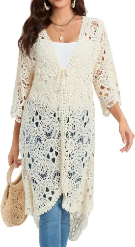GLEAMISS Women's Crochet Long Vest Sleeveless Lace Cardigan Hollow Out Kimino Cover Up