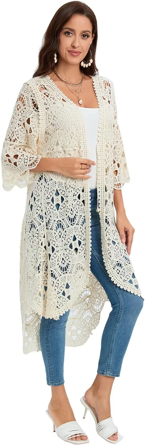 GLEAMISS Women's Crochet Long Vest Sleeveless Lace Cardigan Hollow Out Kimino Cover Up
